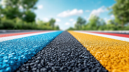 Multicolored painted road with rough texture, showcasing vibrant blue, yellow, and black stripes under clear sky. scene evokes sense of adventure and freedom
