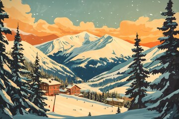 Serene Winter Landscape with Snowy Mountains and Cozy Cabins