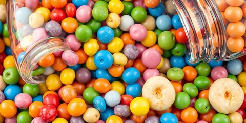 Fototapeta premium Colorful bean confectionery in a clear bottle, filled to the brim with a mix of vibrant, bite-sized treats, sugary goodness, snack, treats