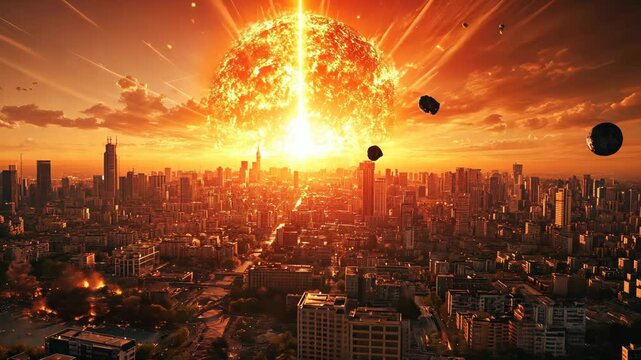 Explosive sunset over a city skyline as asteroids approach during a catastrophic event