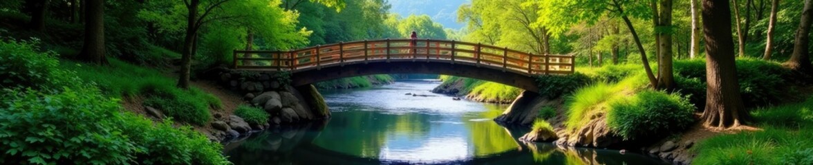 Naklejka premium Puente de madera sobre un r?o que fluye a trav?s de una valle, madera, arbolado, puentes
