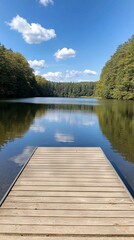 Serene lake view with wooden dock surrounded by lush trees and clear sky