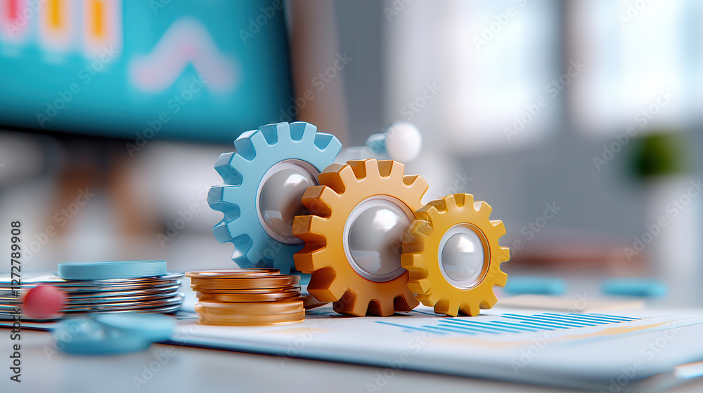 Fototapete Efficient teamwork and productivity represented by colorful gears and coins, symbolizing collaboration and financial growth in modern workspace