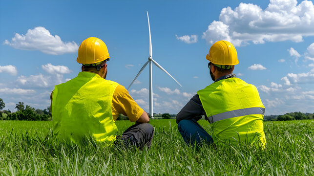 Engineers assessing wind turbine in field