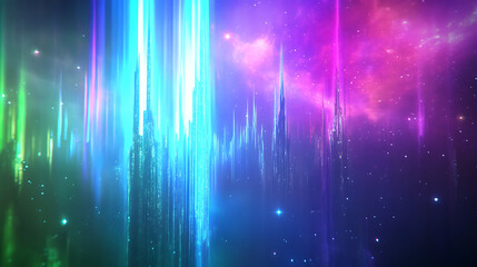 Abstract Galactic Cityscape with Bright Vertical Lights and Nebula Backdrop in Pink and Purple Tones.