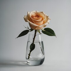 Fototapeta premium A single rose in a glass vase with its stem visible, placed against a white backdrop.
