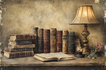 Vintage Bookshelf Display with Old Books and Classic Lamp