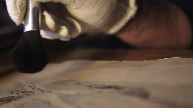 Art restorer removes dust from fine art with delicate brush strokes CLOSE-UP