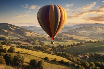 Obraz premium Colorful Hot Air Balloon Drifting Above a Beautiful Rural Landscape 