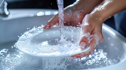 Fototapeta premium Woman Hands Washing White Plate Under Chrome Faucet in Bright, Clean Kitchen.