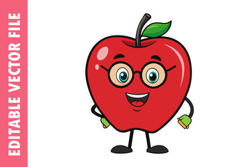 red apple with a smile, Adorable Apple Cartoon Characters with Glasses | Cute Vector Illustration for Coloring
