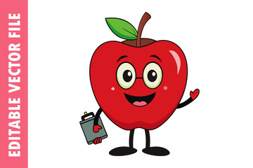 Happy Cartoon teacher Apple Character with Glasses and Clipboard, Fun Educational Vector Illustration