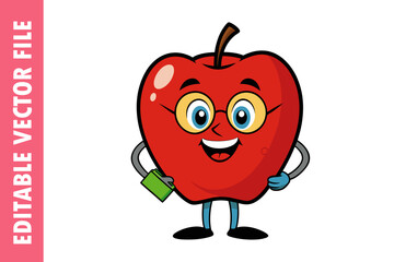 Smiling Cartoon Apple Character with Glasses and Book, Fun Educational Vector Illustration