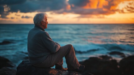 A senior man gazes thoughtfully at the horizon, seated on rugged rocks beside the ocean. As the sun sets, warm colors illuminate the sky, blending perfectly with the tranquil sea