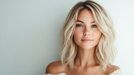 Naklejka premium A woman with blonde hair and a pinkish tint to her lips. She has a smile on her face.
