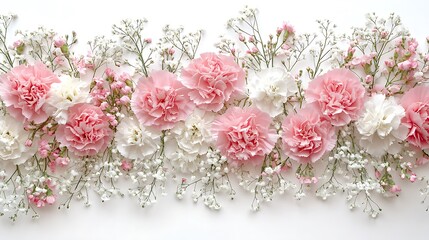 Obraz premium Carnations in pastel pink and white tones, gently intertwined with baby's breath, forming an elegant border at the top and bottom, clean white middle space for copy, softly diffused light, hd clarity,