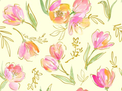 A seamless pattern of abstract tulips painted in watercolor with gold line art. A hand-painted tulip wallpaper design for spring.