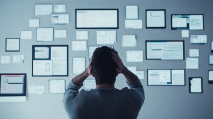 A software developer dealing with bugs in a high-tech office. Surrounded by error codes and coding problems on multiple screens
