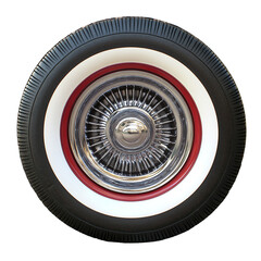 Obraz premium Classic Car Wheel Whitewall Tire Red Pinstripe Chrome Spoke Detail,