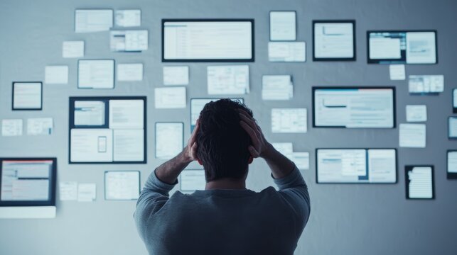 A software developer dealing with bugs in a high-tech office. Surrounded by error codes and coding problems on multiple screens