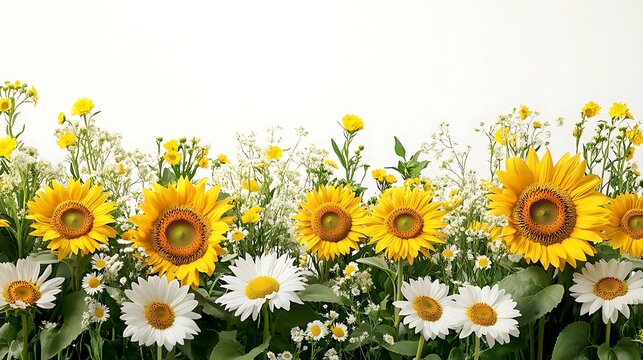 Cheerful sunflowers and daisies with green accents, arranged to create a floral border, blank white space in the middle for text, softly glowing light, hd details, bright and sunny countryside feel.