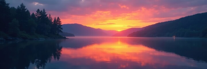 Naklejka premium Quiet lake at sunset with surrounding trees and a few lights in the distance, tranquility