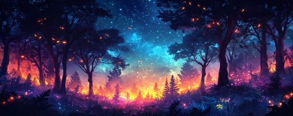 Fototapeta premium Fantasy forest with neon colors enchanted trees digital art surreal wide angle view