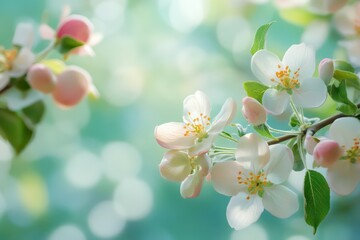Fototapeta premium Floral background. Spring flowers on the branches. Blossoming apple tree in the garden