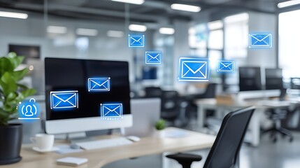 Naklejka premium A Modern Office Environment with Email Notifications and Digital Communication Concept