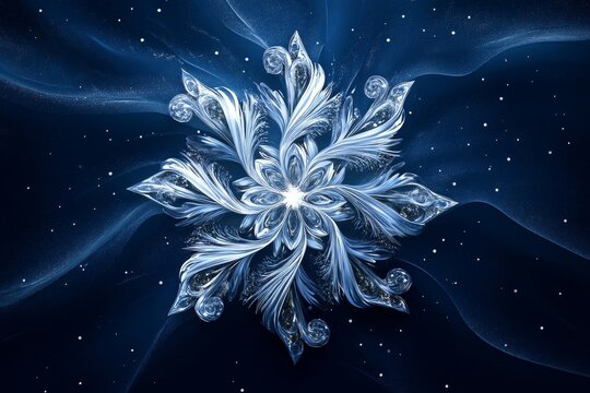 abstract design featuring swirling white and silver patterns forming a luminous snowflake on a dark blue background, Generative AI