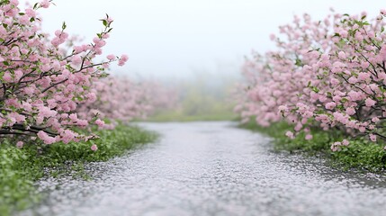 A Serene Pathway Surrounded by Beautiful Cherry Blossom Trees in Full Bloom