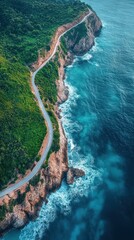 Obraz premium Coastal Road Winding Along Dramatic Cliffs, Turquoise Ocean