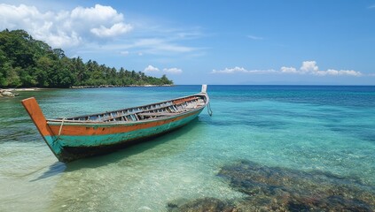 Tranquil Tropical Boat on Calm Azure Waters near Lush Greenery under a Sunny Sky, Idyllic Island Getaway.