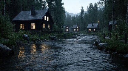 Fototapeta premium Misty Mountain Cabin Village at Night