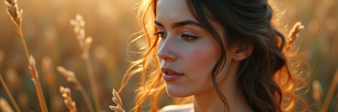 A serene portrait of a young woman in a golden field, capturing the essence of nature and tranquility. Perfect for lifestyle, wellness, and beauty projects.