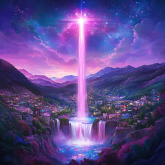 Cascading Light Waterfall and Picturesque Town at Sunset under Starry Violet Skies Dreamy Scene.