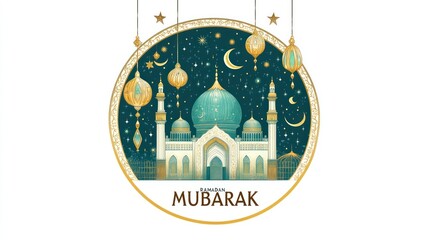 Islamic mosque at night, with decorative elements, in a circular frame.  Ramadan Mubarak text.