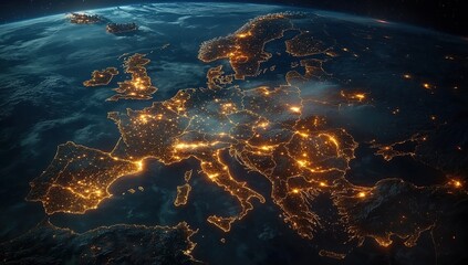 Fototapeta premium Europe's City Lights: A Nighttime View from Space, Illuminating Urban Landscapes and Global Connectivity