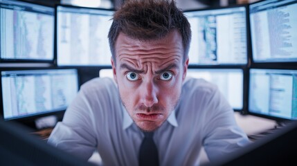 A software developer in a modern office environment. Surrounded by monitors with error messages and coding challenges