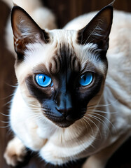 Close-Up of a Siamese Cat from Above, Highlighting Its Striking Features
