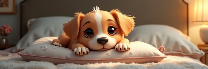 A cute, animated puppy lying on a cozy bed pillow, exuding charm and playfulness. Perfect for pet-related content, children's products, or cozy home settings.