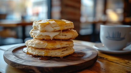 National Buttermilk Biscuit Day, buttermilk biscuits with layers of butter and dripping honey, served on a wooden plate with a cup of warm tea on the side, Ai generated images