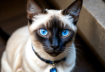 Close-Up of a Siamese Cat from Above, Highlighting Its Striking Features