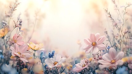 Flowing wildflowers in soft pastel hues of pink, blue, and yellow, gently arranged to frame the top and bottom edges, blank creamy white central area for copy, diffused morning sunlight, hd textures,