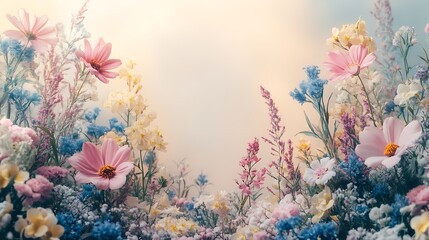 Flowing wildflowers in soft pastel hues of pink, blue, and yellow, gently arranged to frame the top and bottom edges, blank creamy white central area for copy, diffused morning sunlight, hd textures,