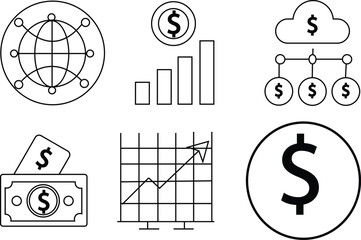 Financial Growth & Global Economy Icons Set for Investment, Profit Analytics, and Digital Transactions with a Transparent Background.