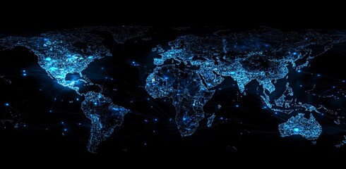 Glowing World Map with Bright Lights and Digital Connections