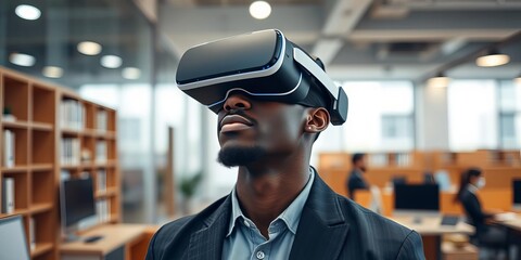 Young African American man immersed in virtual reality experience with headset in a modern office setting, technology, headset