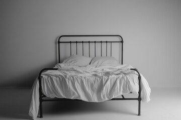 Dementia risk symbolized by an empty bed with rumpled sheets. Featuring soft lighting and muted tones