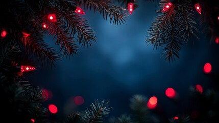 Festive Christmas Lights on Evergreen Branches with Dark Background